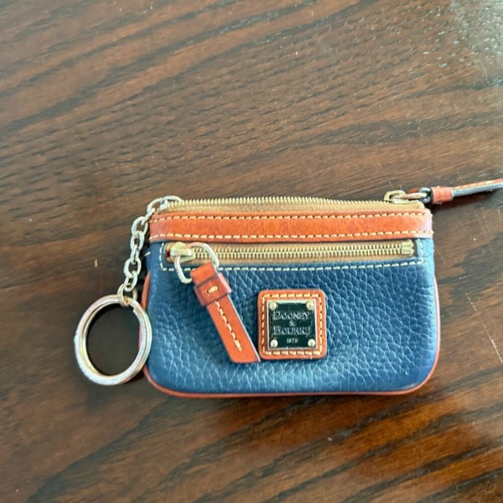 Dooney & Bourke Navy and Tan Leather Small Coin Purse Keychain - Picture 2 of 7